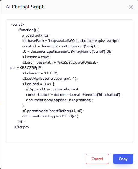 ai360 Chatbot script code for website
